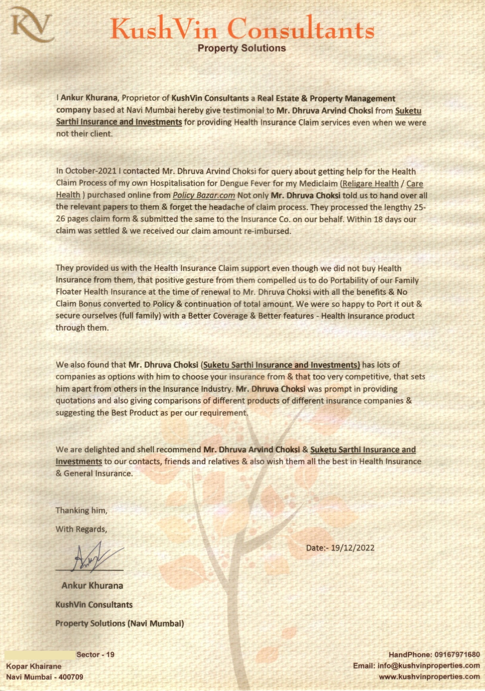 Testimonial letter from Ankur Khurana, KushVin Consultants
